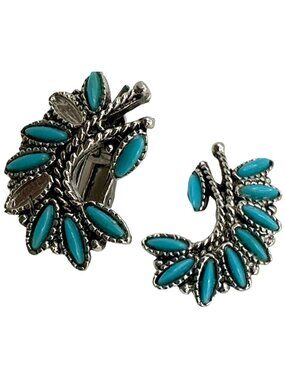 Vintage Petite Point Earrings Clip-On Faux Turquoise Beads Silver Tone READ